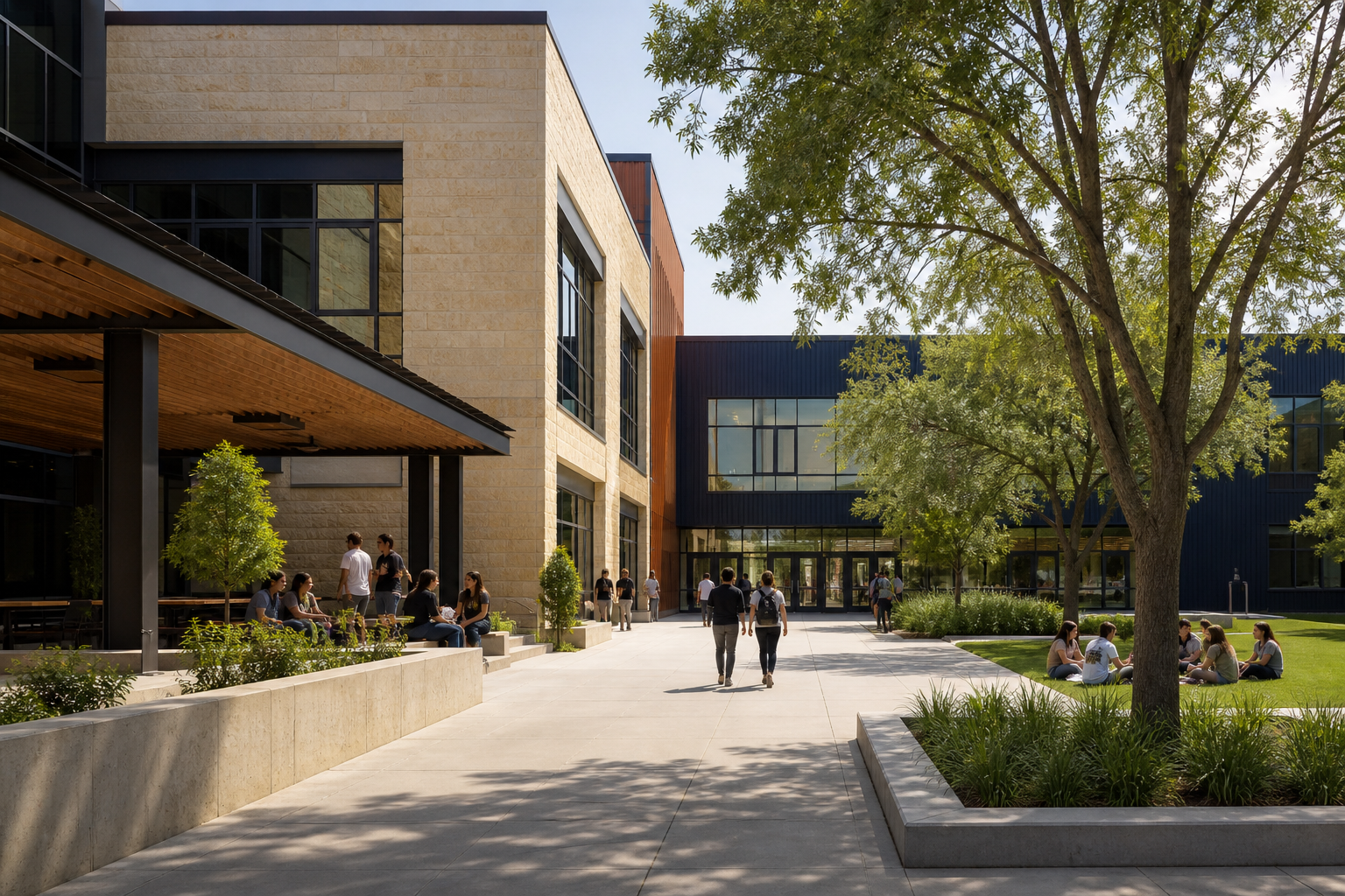 Modern school campus courtyard and architecture