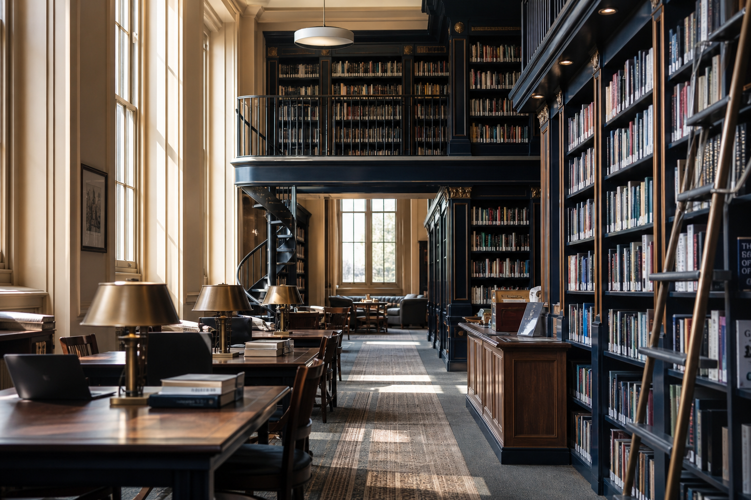 Modern academic library with warm light and tall bookshelves