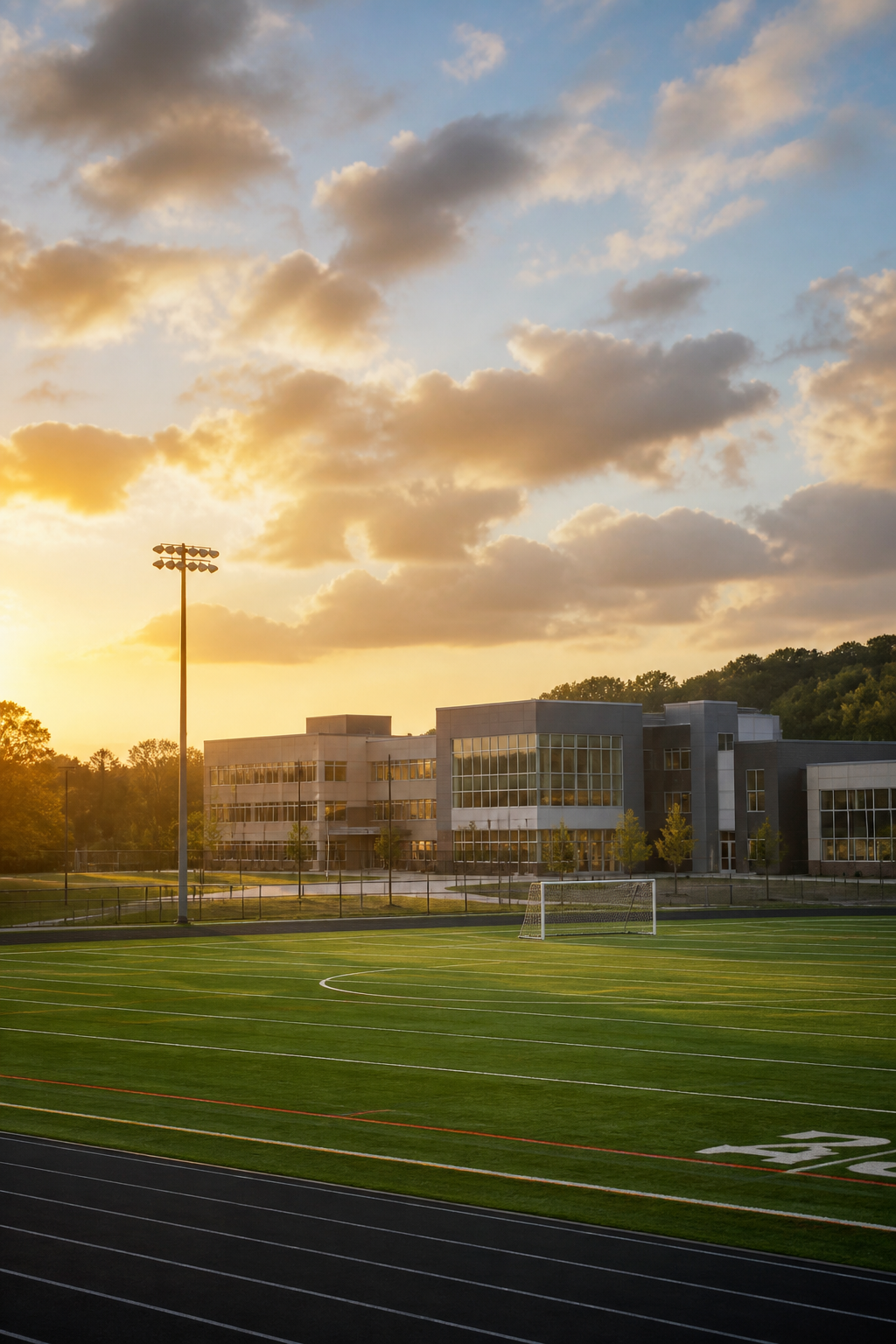 School sports field at golden hour