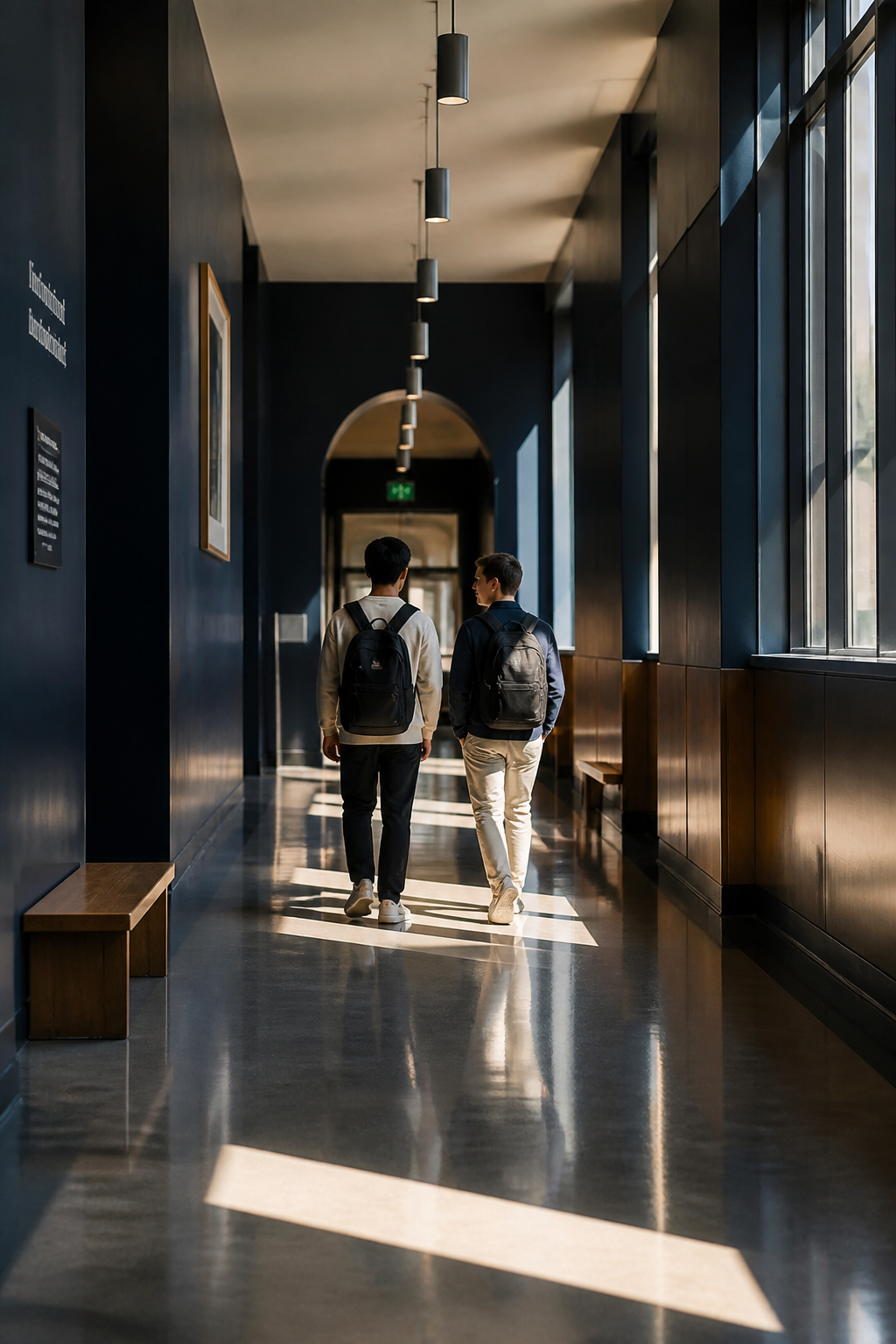 Students walking through a sunlit campus corridor